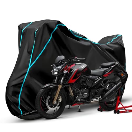 Image of Waterproof Bike Body Cover Compatible with Yamaha Apache RTR 200 Dustproof Scratchproof - Motorcycle Cover for Two Wheeler, Outdoor Full Cover with UV, Duty, Rain Protection (Black & Aqua) R1