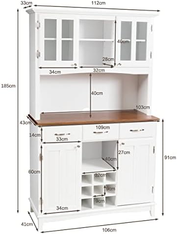 TANGZON Kitchen Storage Sideboard, Cupboard Storage Cabinet with Countertop, 9 Wine Compartments, Drawers, Adjustable Shelves and Glass Doors, Living Room Freestanding Buffet Storage Units