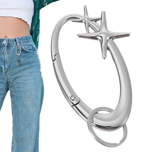 ValueBargain Y2K Keychain, Big Silver Star Carabiner Keychain Clip Cute Fashionable Star Bag Charm Key Clip for Purse Cool Shiny Chrome for Handbags Backpacks Keyrings