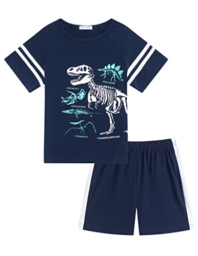 Flypigs Jungen Pyjama Sommer Kinder Schlafanzug Dinosaurier zweiteiliges PJs Kurzarm Sleepsuit Baumwolle Navyblau Dinosaurier 130 (8-9Jahre/128/134 134/140cm) Cover