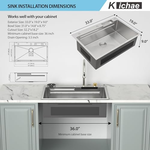 Image of Kichae 33x19 Waterfall Kitchen Sink Drop In Stainless Steel 16 Gauge Smart