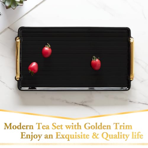 DUJUST Porcelain Serving Tray with Golden Handles, Modern Nordic Style Coffee Table Tray, Beautiful Tea Trays Decor for Living Room, Easy to Use & Clean - Black by DUJUST - Image 3