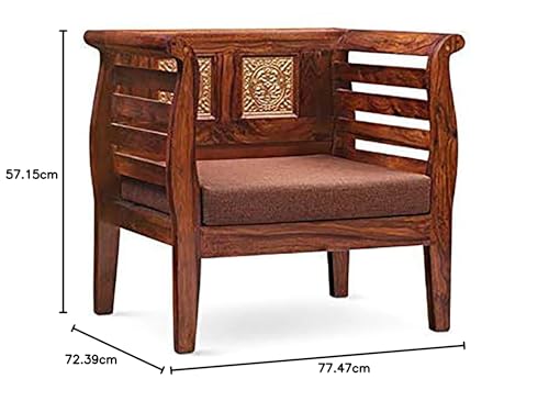 Image of Solid Sheesham Wood 1 Seater Wooden Sofa Chair with Cream Cushions | X Design Wooden Loveseat Couch for Home, Office & Lounge | Walnut Finish