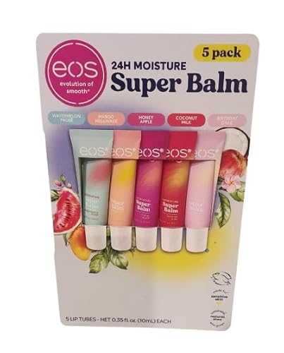 eos Organic 24H Moisture Super Balm, 5 Pack, Watermelon Frose, Mango Melonade, Honey Apple, Coconut Milk, Birthday Cake Flavors