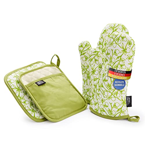 LauterSchutz® Topflappen und Ofenhandschuhe im Set - extra weiche, waschbare & recyclete Baumwolle [Hitzebeständig bis 250°C] Topfhandschuhe zum Kochen & Backen (Grün)