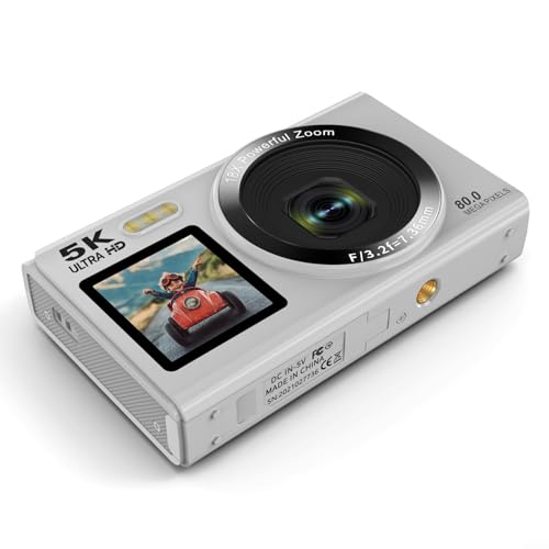 Cámara digital 5K de doble pantalla, cámara digital 5K con pantalla dual, zoom de 18x, interpolación de 80MP, compartir WiFi, estabilización electrónica de imagen (blanco)