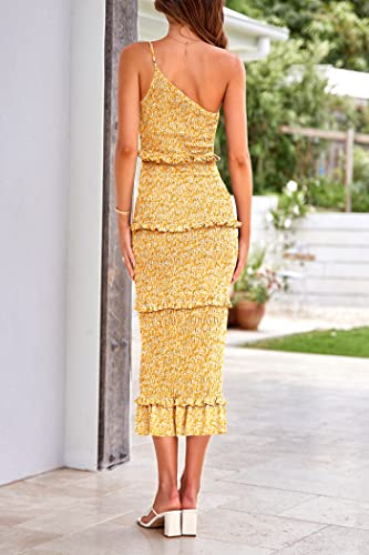 Image of PRETTYGARDEN Women's Summer Midi Bodycon Dresses One Shoulder Strappy Tiered Ruffle Floral Boho Sun Dress