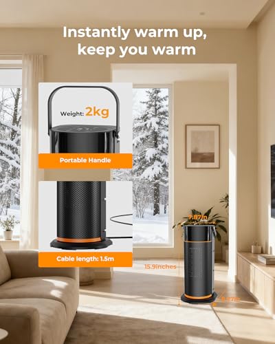 Calefactor y Bajo Consumo Negro - 2000W Cerámico PTC, 4 Niveles de Potencia y 70° Oscilación, Control Remoto, Protección contra Vuelcos y Sobrecalentamiento, Calentador para Dormitorios/Oficinas/Salón - imagen 7