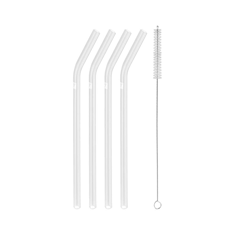 ZWILLING Sorrento Glass Straws Sustainable and Reusable Borosilicate Glass for Cold and Hot Drinks, Pack of 4, Length: 23 cm, Curved Shape, Clear Colour with Cleaning Brush