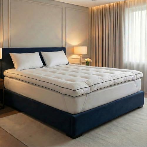 Luxury Hotel Bed Felt 14cm (100% Natural Cotton) - Mattress Topper with Soft and Cooling Microfiber Filling Royal Design with Black Edges and Strong Corner Fasteners - White (Queen) 160x200cm)