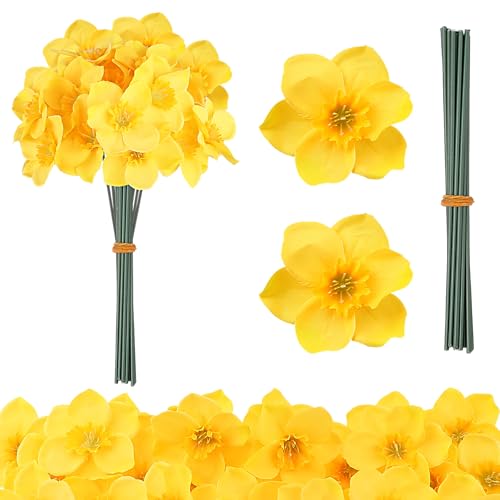 20 Set Yellow Artificial Daffodils Silk Fake Narcissus Flowers with Branch Wales Welsh St Davids Day Decorations for Bouquet Corsages Home Kitchen Wedding Decor DIY Flower Arrangements (20 Yellow)