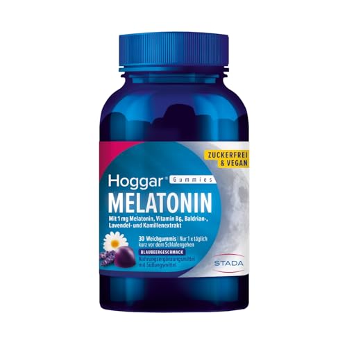 Hoggar Melatonin Gummies: Angenehm schneller einschlafen. Weichgummis mit Blaubeergeschmack.1 mg Melatonin Vitamin B6 Baldrian- Lavendel- und Kamillenextrakt. Zuckerfrei & vegan.