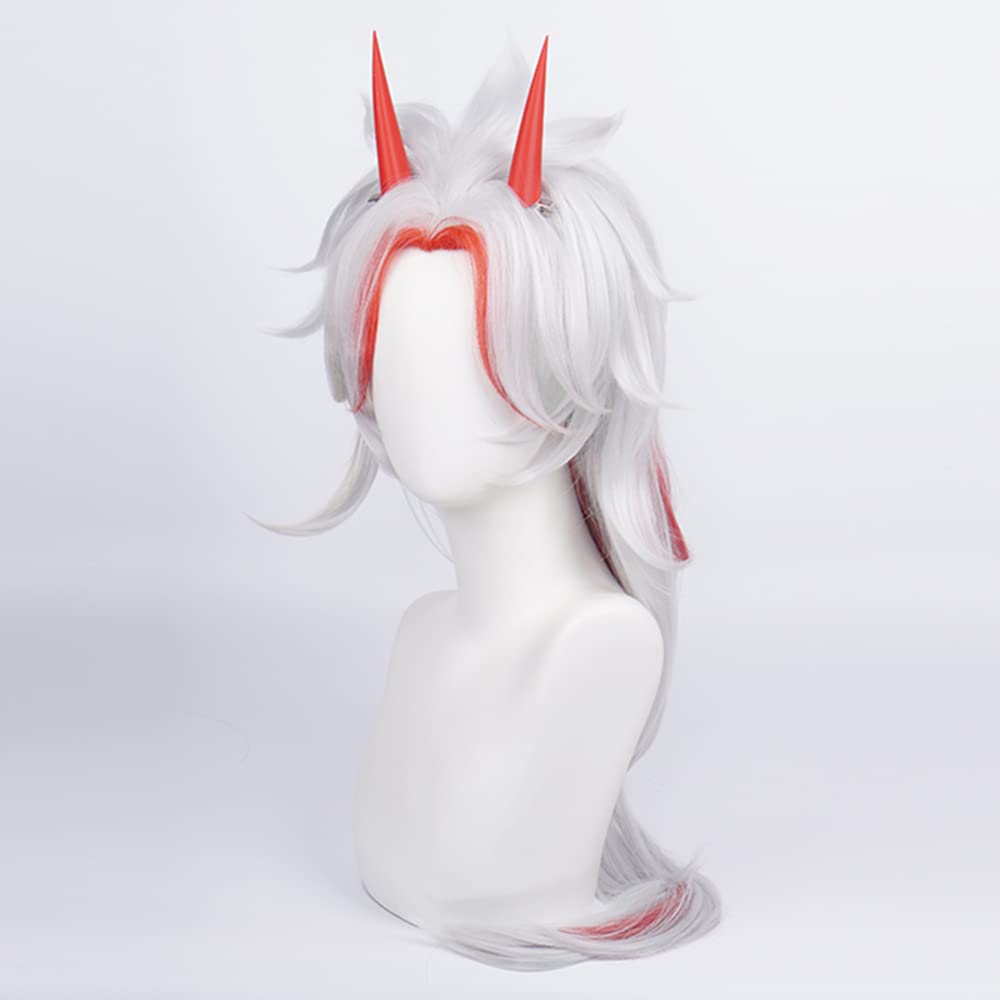 Silver White Wig Mix Red Long Straight with Horn Bangs Heat Resistant Synthetic Hairs Costume for Women Men Halloween Cos Anime Party Replacement Wigs - Image 4