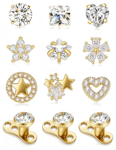 Tornito Dermal Anchor Tops and Base 14G Stainless Steel Microdermal Piercings Jewelry Punk Internally Threaded Star Heart CZ Gem Tops Surface Skin Piercing Studs for Women Men Gold Tone 5mm 6mm 7mm