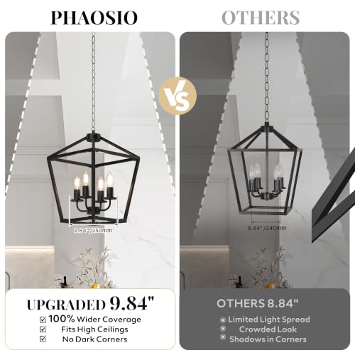 Image of 4 Light Black Chandelier, Industrial Farmhouse Lantern Cage Ceiling Light, Adjustable Height Rustic Geometric Hanging Light for Kitchen Island, Dining Room, Entryway, Hall, Sloped Ceiling