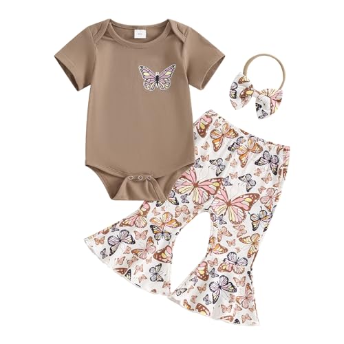 Image of Kuriozud Newborn Baby Girl Bell Bottom Outfit Ruffle Romper Cute Bow Flare Pants Set Headband Cute Clothes