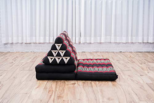 Leewadee Foldout Triangle Thai-Cushion Floor-Seat with Back-Rest TV Pillow Lounge-r Foldable Out-Door Mattress, 67x31x13 inches, Kapok, Black red - Thumbnail 6