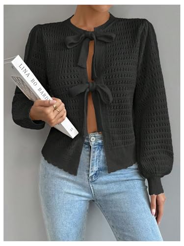 Image of GORGLITTER Women's Long Sleeve Tie Front Cardigan Fall Sweaters Lightweight Crochet Knit Tops Black X-Large
