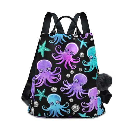 Sac à dos en sergé de qualité supérieure noir et motif pieuvres pour femme