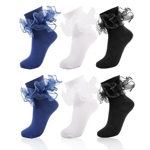 Image of Women Big Ruffle Ankle Socks Adult Double Lace Frilly Turn Cuff Dress Socks Cotton Cute Fancy Bobby Crew Socks