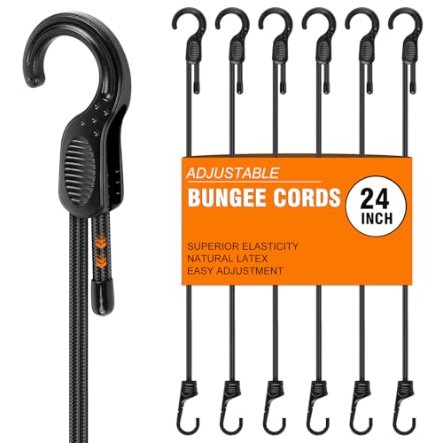 Adjustable Bungee Cords with Hooks 24 Inch 6 PCS Elastic Bungee Straps Easily Adjust from 7 to 24 Bungee Cords Heavy Duty Outdoor for Securing Tarps Tents Luggage Cargo Truck Bikes