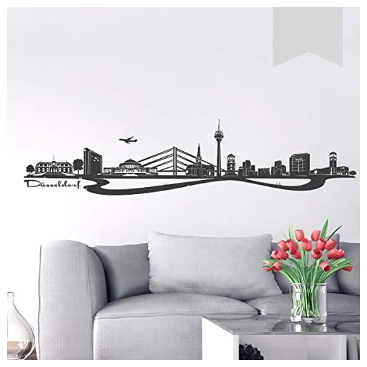 WANDKINGS Wandtattoo Skyline Düsseldorf (mit Sehenswürdigkeiten und Wahrzeichen der Stadt) 130 x 30 cm hellgrau - erhältlich in 33 Farben