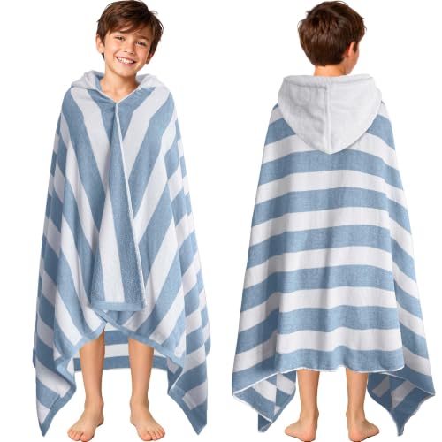 VOOVA & MOVAS Denim Blue Striped Hooded Bath Towels for Teens/Big Kids (8Years Up) Soft Absorbent 100% Cotton Thick Towel Wrap Versatile Beach Pool Swim & Bath Cover-Up