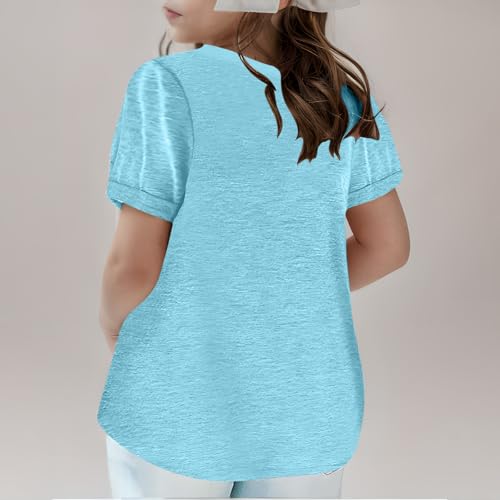 Girls Plus Size Short Sleeve Tops V Neck Loose Fit Solid Tunic Tops Cute Basic Casual Shirts Trendy Summer Clothes3