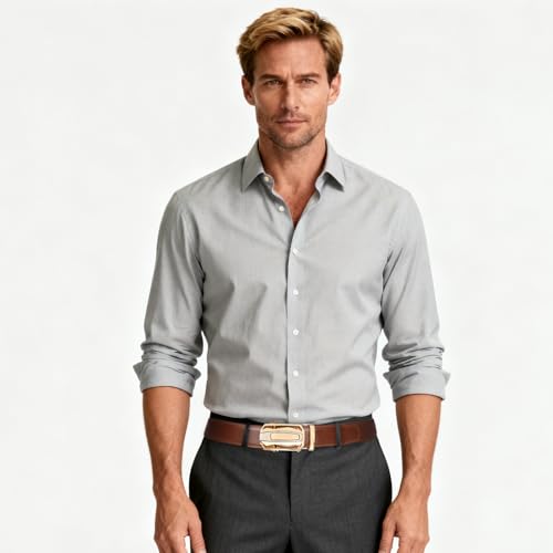 Image of Aurolran Men&Womens Leather Dress Belt Business Automatic Buckle Belt Color-Black Silver Gold