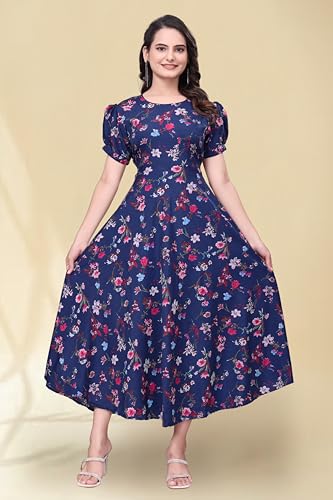 Image of Women's A-Line Crepe Maxi Dress | Stylish Fit and Flare Dress with Round Neck Short Puff Sleeves for Casual Wear