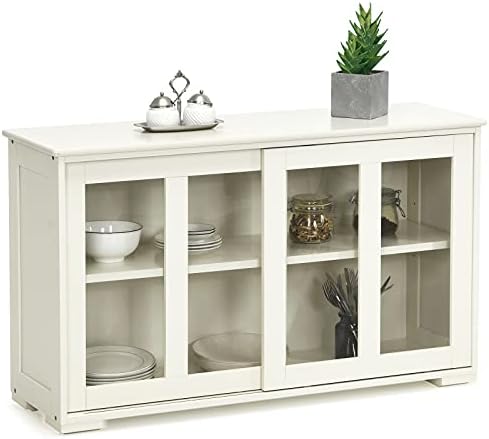 Costzon Kitchen Sideboard, Antique Stackable Storage Cabinet with Height Adjustable Shelf, Sliding Door Window, Wooden Cupboard Server Buffet Console Table for Home Dining Room Entryway (Cream White)