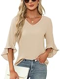 Qirno Chiffon Blouses for Women 3/4 Sleeve Dressy V Neck Fashion Business Casual Shirts Apricot L