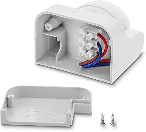 Internal view of the Velamp MS002 motion detector's wiring terminals, showing red, blue, and brown wires connected.
