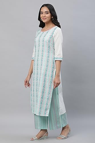 Image of Aurelia Women's Spermint Pure Cotton Straight Kurta, Palazzos, Dupatta Suit Set