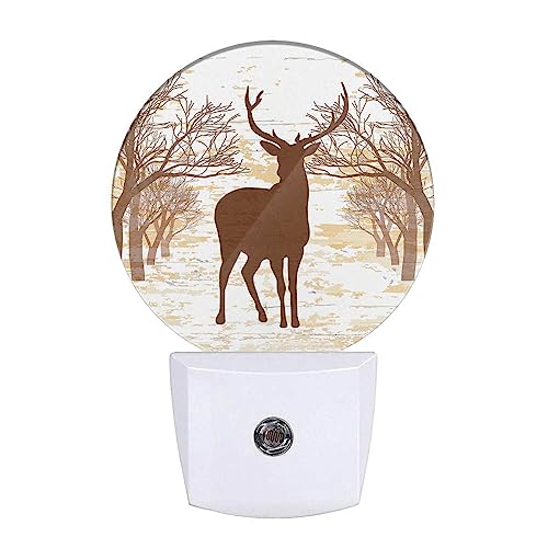 Image of Deer Night Light Autumn Forest Wildlife Deer Maple Trees Night Lights Plug into Wall Auto on /Off LED for Bedroom Bathroom Staircase