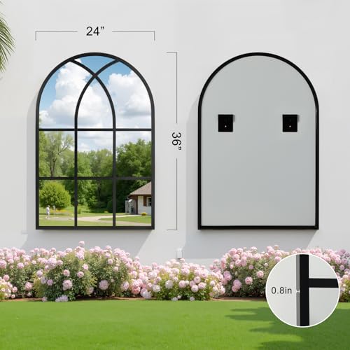 Image of Arched Window pane Wall Mirror 24 inchx36 inch, Window Shaped Farmhouse Style with Aluminum Frame, Decorative Wall Mirror Leaning Hanging for Living Room, Courtyard, Bedroom, Entryway, Black