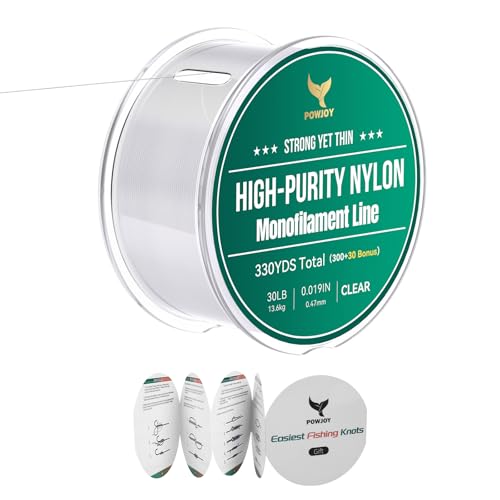 POWJOY 30LB Pro Grade Monofilament Fishing Line Clear 330 Yards - Strong Yet Ultra Thin (0.018in)...