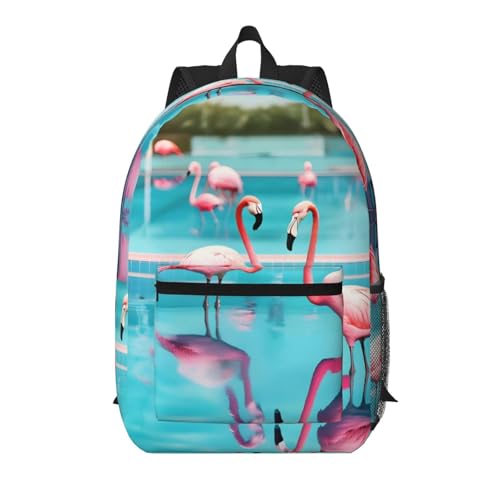 Mochila universitaria ligera para el día a día escolar con diseño de flamencos y piscina