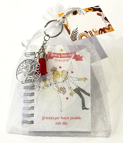 parainvitadoscom Recuerdos, Detalles Boda, 15 Libretas Personalizadas + 15 Llaveros Árbol de la Vida con 15 Borlas de Colores, Detalles y Regalos Personalizados de Boda para invitados