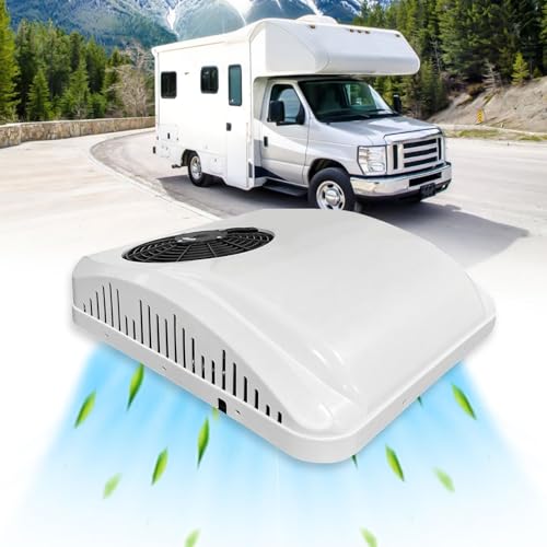 Condizionatore d'aria da tetto 12 V/24 V CC per camper, camion, barca, roulotte, silenzioso, a bassa potenza, con compressore a scorrimento, riscaldamento e raffreddamento 9500 BTU, bianco (12 V)