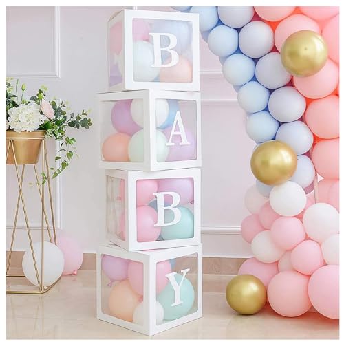 GSHUR 4PCS Baby Block Boxes with BABY Letters White Transparent Balloon Boxes for Baby Shower Birthday Party Decor