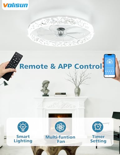 Image of VOLISUN Low Profile Ceiling Fan with Lights and Remote, No Assembly, 20in Modern Ceiling Fans Flush Mount, 3000K-6500K Dimmable Bladeless LED Fan Light, White Fandelier Ceiling Fans for Bedroom