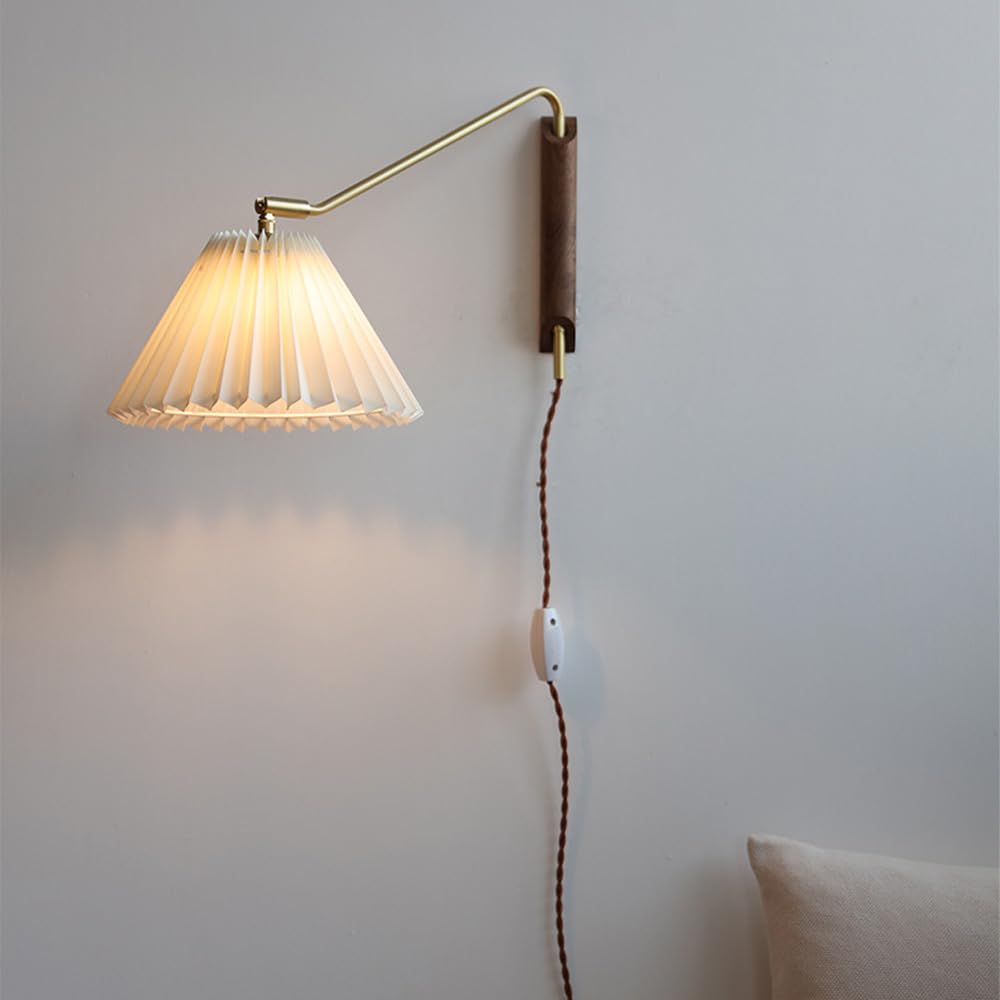 SMCCYYSD Swing Arm Plug in Wall Reading Lights for Bedroom Wood Farmhouse Sconce with Pleated Fabric Shade Adjustable Long Nordic Modern Mounted Lamp Bedside Living Room