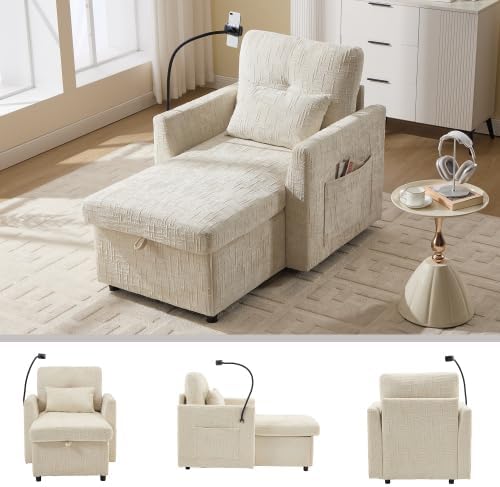 32'' Oversized Lounge Chaise, Sofa Bed with Storage & Side Pocket, Single Chenille Sleeper Couch with Cell Phone Bracket for Living Room, Bedroom, Apartment (Beige)