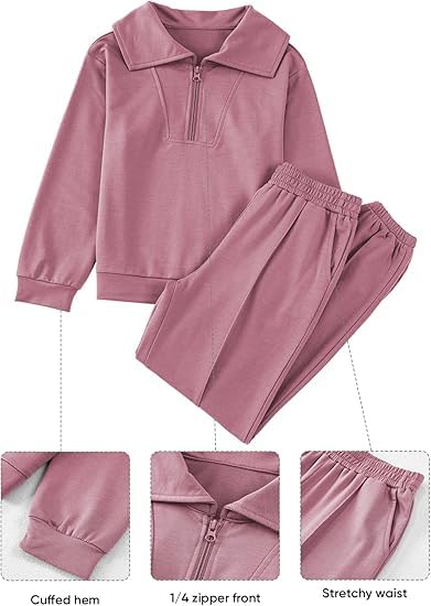 Image of blibean Girls Fall Sweatsuits Half-Zip Collared Sweatshirt & Jogger Pants Set School Tracksuit Size 6-15 Years