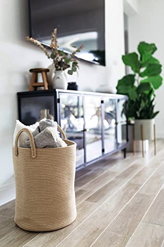 Image of OrganiHaus Tall Cotton Rope Laundry Basket & Hamper, Blanket Storage 52L | Full Honey - Tall Cotton Rope Hamper, 52L