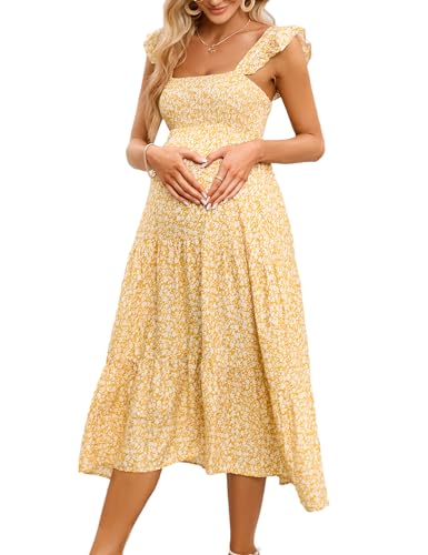 Image of KOJOOIN Womens Maternity Dress Summer Sleeveless Smocked Square Neck Ruffle Casual Boho Midi Dress Baby Shower Photoshoot