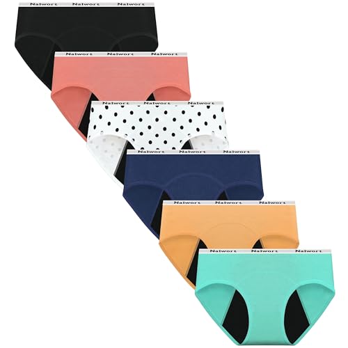 Nalwort Teen Girls Period Underwear Menstrual Period Panties Leak-Proof Cotton Protective Briefs Pack of 6 (US, Age, 12 Years, 14 Years, Multicolor-7)