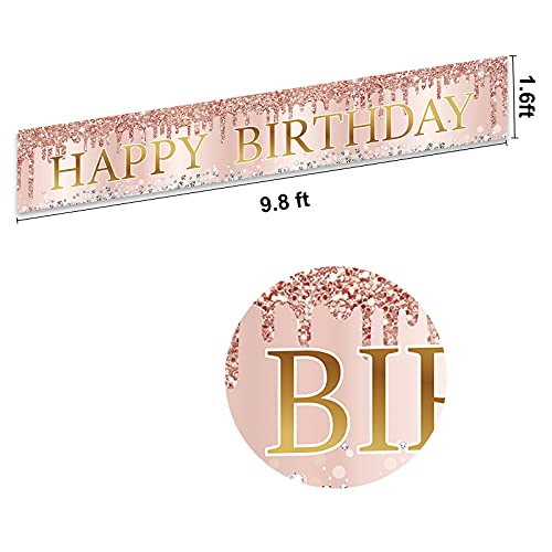 Pink Rose Gold Happy Birthday Banner Decorations,Large Happy Birthday Yard Banner Sign Party Supplies for Women, 16th 21st 30th 40th 50th Birthday Decor for Outdoor Indoor (9.8x1.6ft)