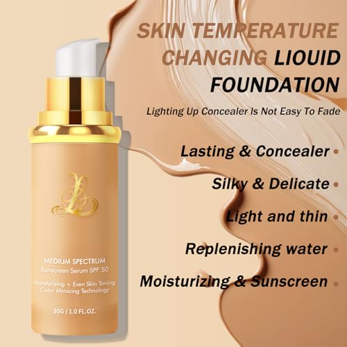 Qawnfy Foundation 4 in 1 - Medium Spectrum with SPF 50+, Color Changing Foundation, Hydrating Color Changing Foundation Makeup, Concealer, Sun Protection, Longwearing & Waterproof for All Skin Types